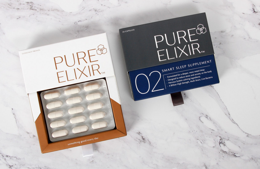 Pure Elixir - Smart Sleep & Beauty Age Supplements — Luxurious beauty supplement packaging including metallic inks and ribbon opening tags for maximum visual impact.